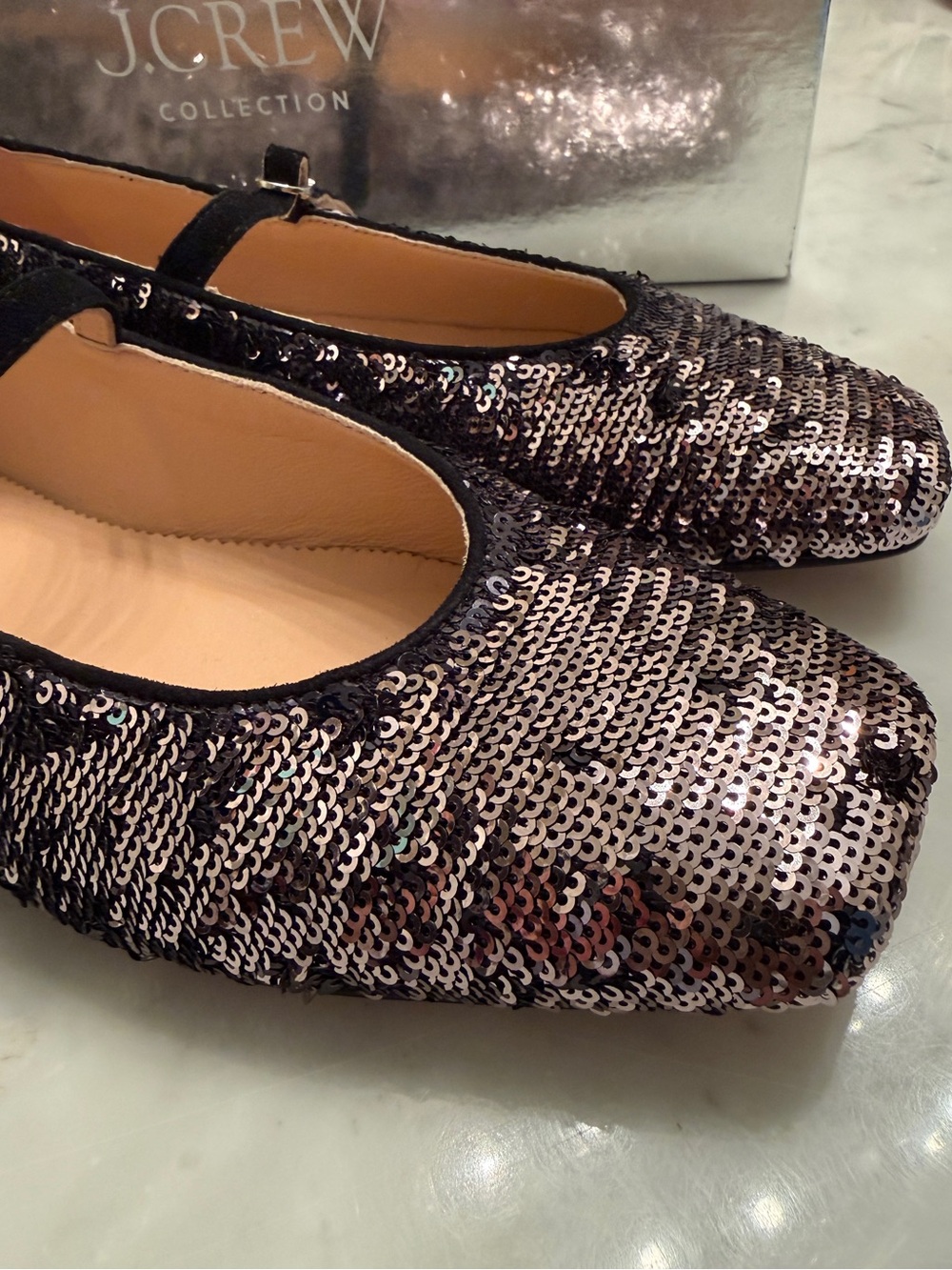 NIB J. Crew Black and Silver Sequin Mary Jane Flats - Picture 3 of 4